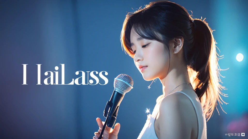 The Korean Ballads music channel logo is an image of a Korean girl holding a microphone and singing, evoking the romantic and profound feeling of ballads. The words "Korean Ballads" are written in a soft and flexible font, the word "Korean" is smaller and above the word "Ballads". Using light pink and light blue as the main tones, combined with white as the background, this logo will bring a gentle, delicate feeling. The design elements combine harmoniously, reflecting the true spirit and characteristics of Korean ballad music. Realistic images, clear details, warm and gentle color scheme.