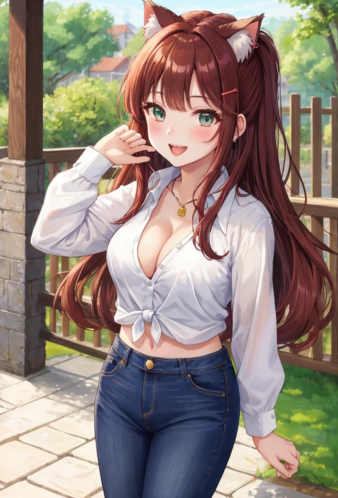 1 beautiful girl posing for photo, anime girl, dynamic poses, (20 year old girl:1.3), (aged up), city, garden, flowering trees, jeans, white tied shirt, cleavage, big rounds breadsts, midriff, (lace bra:0.8), jewelry, dark brown hair, bangs, long hair, 1 ponytail, wavy hair, expressive hair, shiny hair, hairclip, red hair ribbon, cat hair ornament, wince, aqua eyes, glowing eyes, earrings, cat ears, kemonomimi mode, smile, open mouth, glossy lips, blush, tongue, bright pupils, happy, upper teeth, detailed face, perfect body, high detail, anime, dithering, image fill, anime CG style, outside border, border, first-person view, panorama, perspective, good lighting, Wide-Angle, f/1.8, 85mm, Sony FE GM, 8k, super detail, highres, UHD, retina, masterpiece, accurate, anatomically correct, best quality