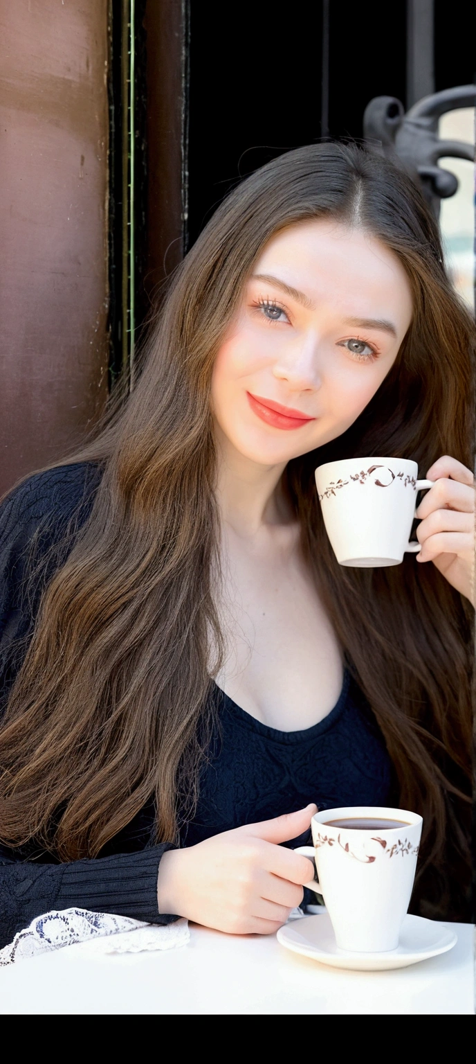 1 19 year old girl, Alone, aesthetic work, , long wavy hair , light gray eyes, some , pale skin, G-cup, huge breasts, Skinny body, running corps, (textured skin, skin pores:1,1), (moles:0,8), imperfect skin, seated, drinking a cup of coffe, drinking coffee, (Extremely detailed 8K wallpaper),soft lighting, high quality, film grain, fujifilm XT3 sharp focus, f 5.6, 50mm, high detailed, sharp focus, wear blue and white, high detailed, complex details, seated en el café al aire libre