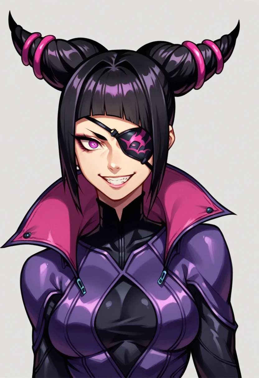 Juri , black hair,two-tone hair, hair horns, purple eyes, eyepatch,  
bodysuit, clothing cutout, 
standing, upper body, evil smile, 
night club,
(insanely detailed, beautiful detailed face,beautiful detailed eyes, masterpiece, best quality) , solo,