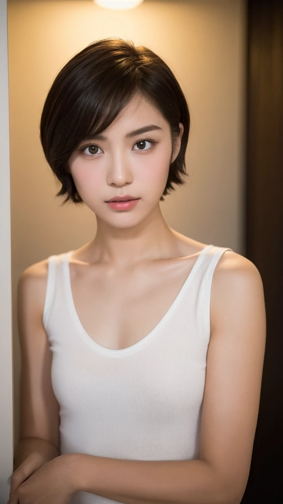 (real, High resolution:1.3), short hair, A cross-dressing man wearing a plain white T-shirt、Dark Room、Collarbone and hands are muscular、the skin is dark、Dark eyebrows、Dim lighting、The shoulders are wide