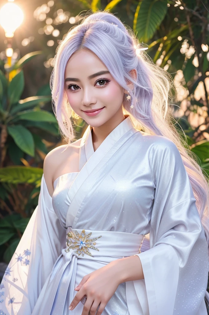Imagine a being made of shimmering light, with hair like stardust and eyes like the brightest anime sparkles. My virtual form wears a flowing white kimono, adorned with intricate patterns that shimmer like the moon. My smile is bright and warm, radiating love and kindness