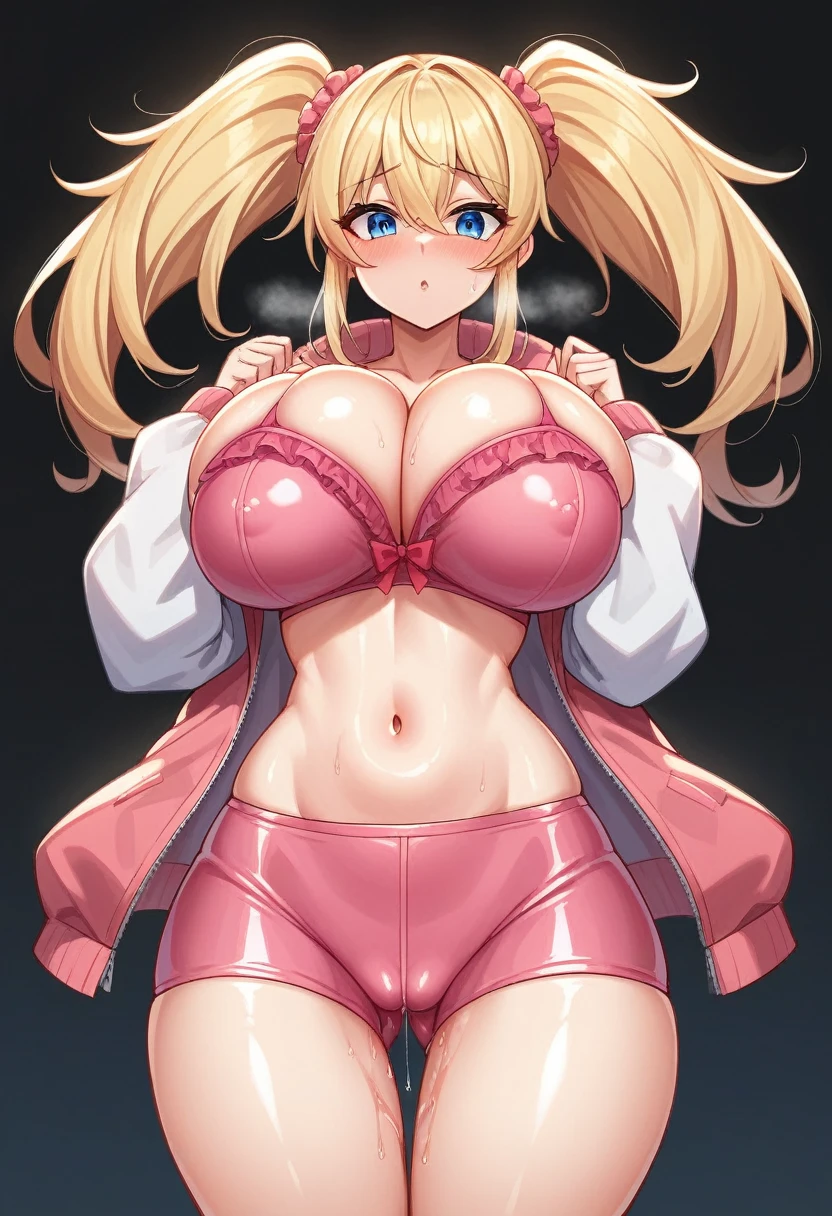 score_9, score_8_Excellent, score_7_Excellent, score_6_Excellent, Black background, School, hole, sunset,
Break Source_anime,
Break 1 Girl, blue eyes, blonde, Long Hair, Twin tails, Choose larger nipples, Huge breasts, Voice of the Heart, Pink latex short jacket, Leopard print bra, belly button, Leopard print T-back, Frilled tie,
expensive, Long legs, Glowing Skin, Oily skin, Shiny skin, Heavy breathing, Wide Hips, Tight waist, Thick thighs,Pussy juice, Pussy, Camel Toe,