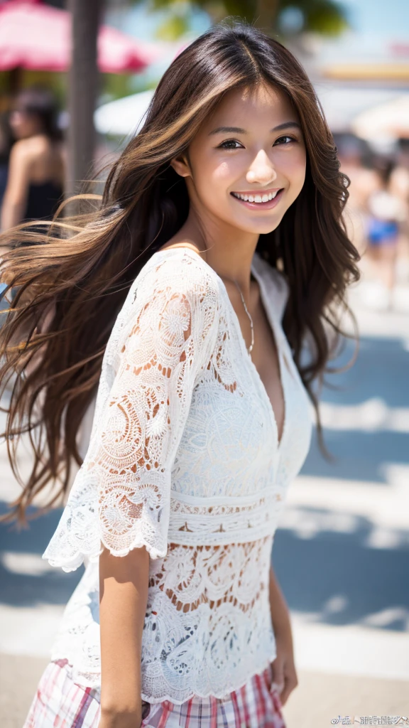 Highest quality, 8K, Very delicate and beautiful, On the beach,Highly detailed face and skin texture, High resolution, Dressed in stylish summer clothes、A sexy long-haired Japanese girl with tanned skin is standing in the street and smiling, whole body, Sharp focus,Random Face,Random Posing,20-year-old female,