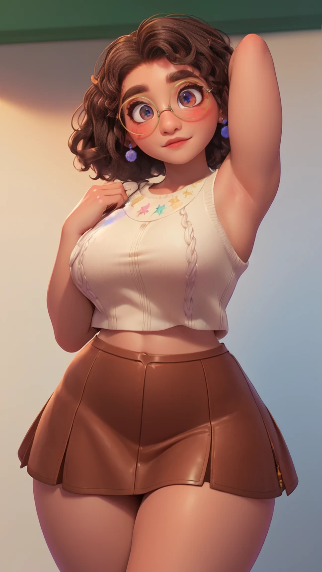 mirabel madrigal,  glasses, SMILE, ((sleeveless sweater)), market bottom, (((tube skirt))), (((Brown leather))), detailed skin, perfect legs, perfect thighs, (((curvy body))), big breasts, sex:4.0