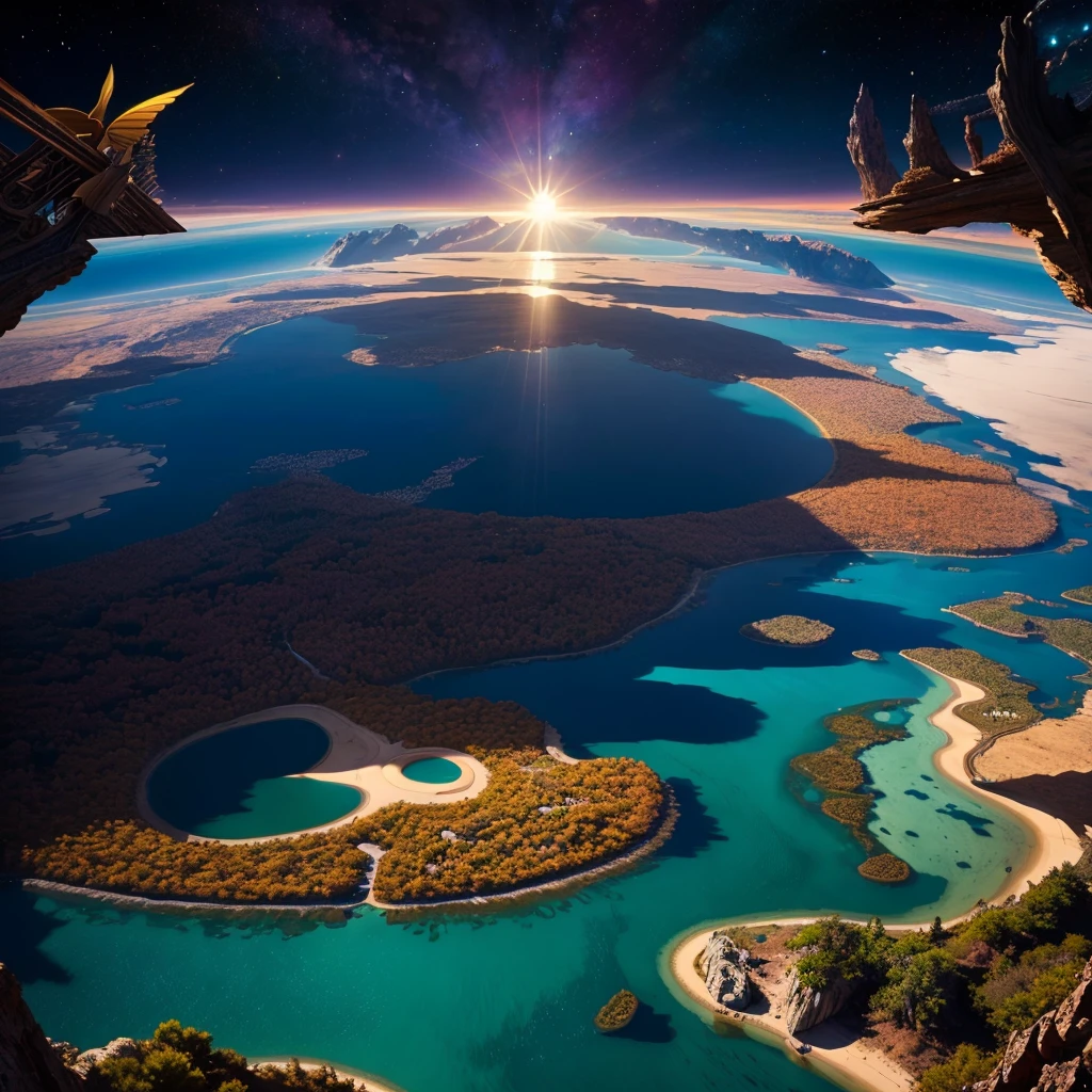 mysteriousな超巨大なトンネルの中に森がある,Different world,The sunlight from the sun shines on the earth,Colorful,Best Quality,8K,mysterious,Fantasy,Different space,There are many different creatures,Nature,romantic,A world beyond imagination,Dream world,Huge river,masterpiece,最高masterpiece,perfection,