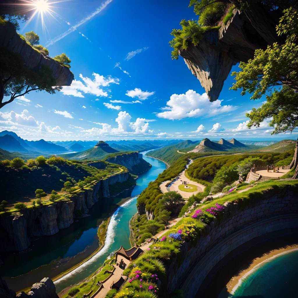 mysteriousな超巨大なトンネルの中に森がある,Different world,The sunlight from the sun shines on the earth,Colorful,Best Quality,8K,mysterious,Fantasy,Different space,There are many different creatures,Nature,romantic,A world beyond imagination,Dream world,Huge river,masterpiece,最高masterpiece,perfection,