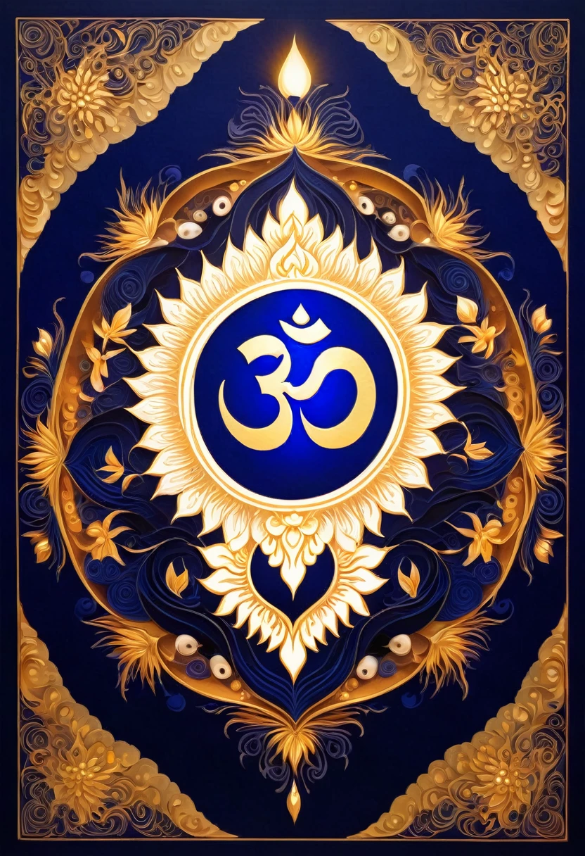 "Create an image featuring the sacred symbol 'Om' at the center, glowing with a golden aura. Surround the 'Om' symbol with subtle, ethereal images of prominent Hindu gods like Lord Shiva, Goddess Lakshmi, and Lord Ganesha, each radiating a soft, divine light. Integrate swirling, luminous patterns of mantras around the 'Om' symbol, creating a sense of movement and energy. Use a harmonious color palette of gold, deep blue, and serene white to evoke a sense of divinity and tranquility. Ensure the overall design is intricate yet balanced, capturing the essence of divine mantras and their spiritual power."