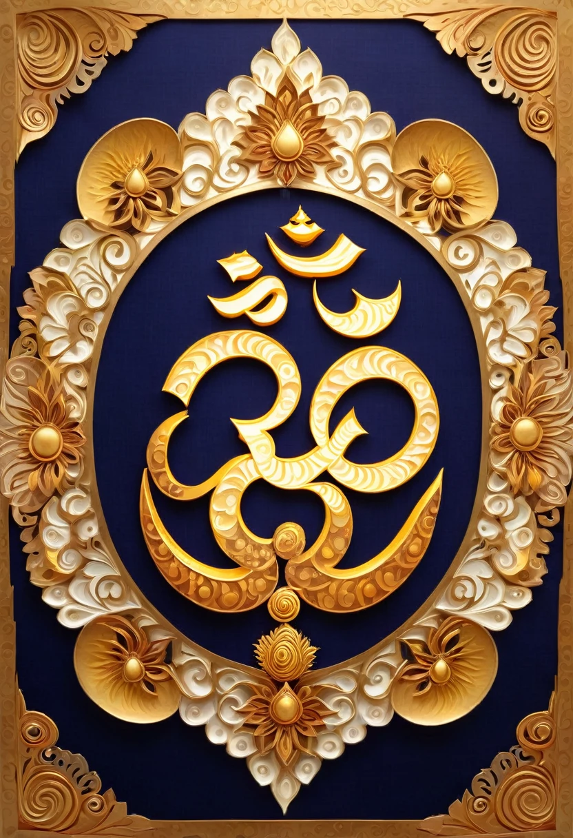 "Create an image featuring the sacred symbol 'Om' at the center, glowing with a golden aura. Surround the 'Om' symbol with subtle, ethereal images of prominent Hindu gods like Lord Shiva, Goddess Lakshmi, and Lord Ganesha, each radiating a soft, divine light. Integrate swirling, luminous patterns of mantras around the 'Om' symbol, creating a sense of movement and energy. Use a harmonious color palette of gold, deep blue, and serene white to evoke a sense of divinity and tranquility. Ensure the overall design is intricate yet balanced, capturing the essence of divine mantras and their spiritual power."