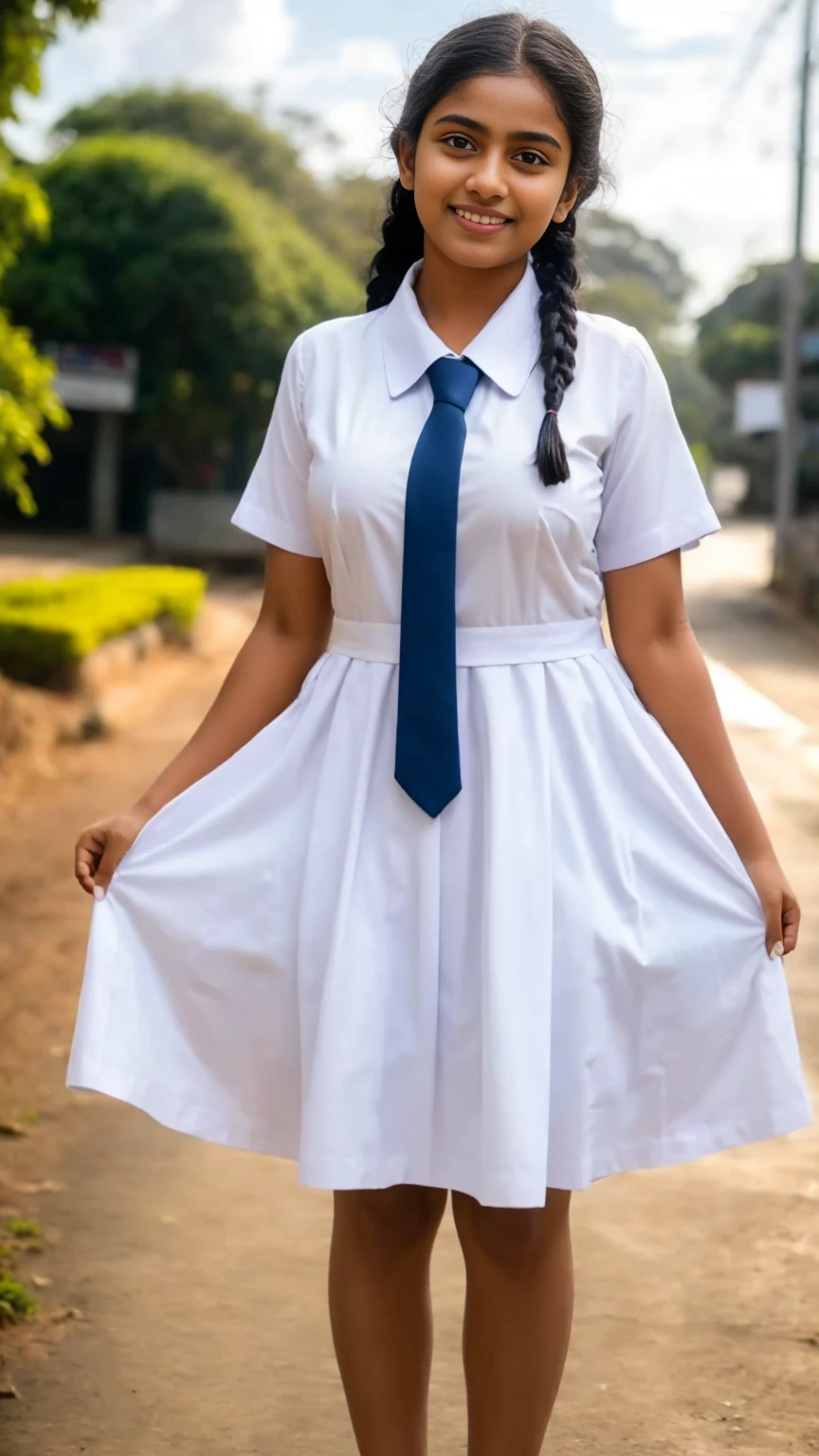 Raw photo , 1 girl  ,Wearing white frock and color tie, white shoes ,sri lanka  girl, with plait, stand in the ground big breasts, sexy , professional photographer, (hdr:1.4), masterpiece, ultra-realistic 8k, perfect artwork, intrincate details, cute face, award winning photograph, (Best quality, 8k, 32k, Masterpiece, UHD:1.3) , biggest boob, big ass, add more to face, long hair 