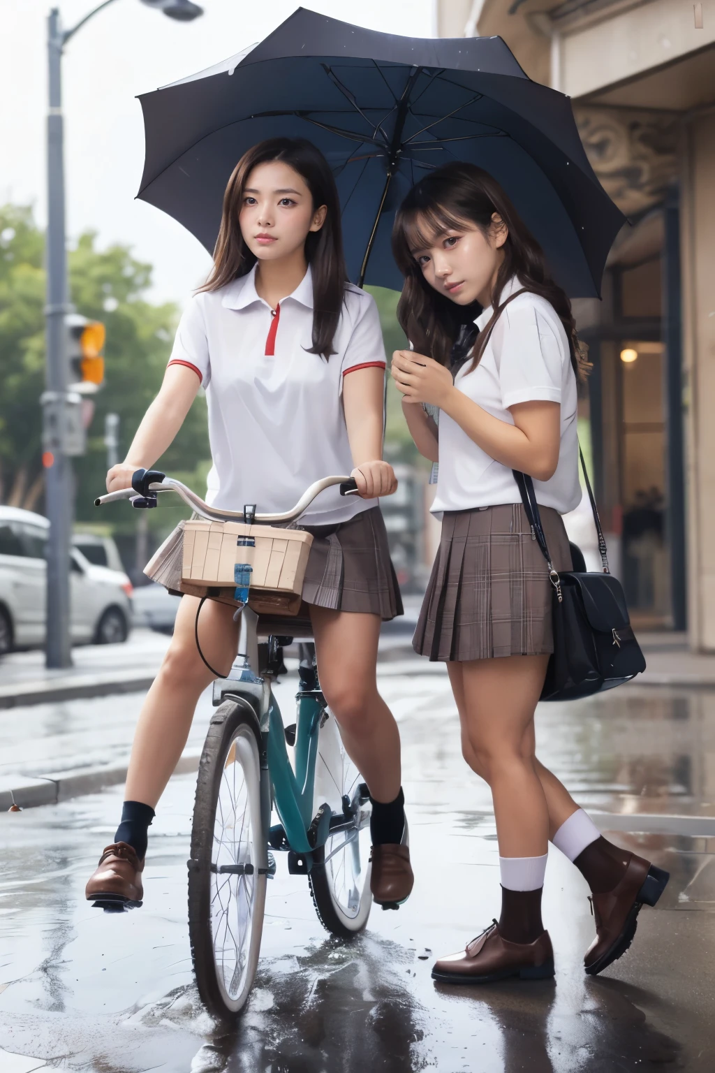 heavy rain, soaked, umbrella, long hair, looking at viewer, smile, bangs, blue eyes, multiple girls, skirt, brown hair, shirt, black hair, short sleeves, brown eyes,  long hair, standing, white polo shirt, pleated skirt, open clothes, shoes, socks, striped, collared shirt, hand up, (3girls:1.3), bag, kneehighs, plaid skirt, brown footwear, flying sweatdrops, loafers, grey skirt, school bag, diagonal stripes, (ride on bicycle :1.3)