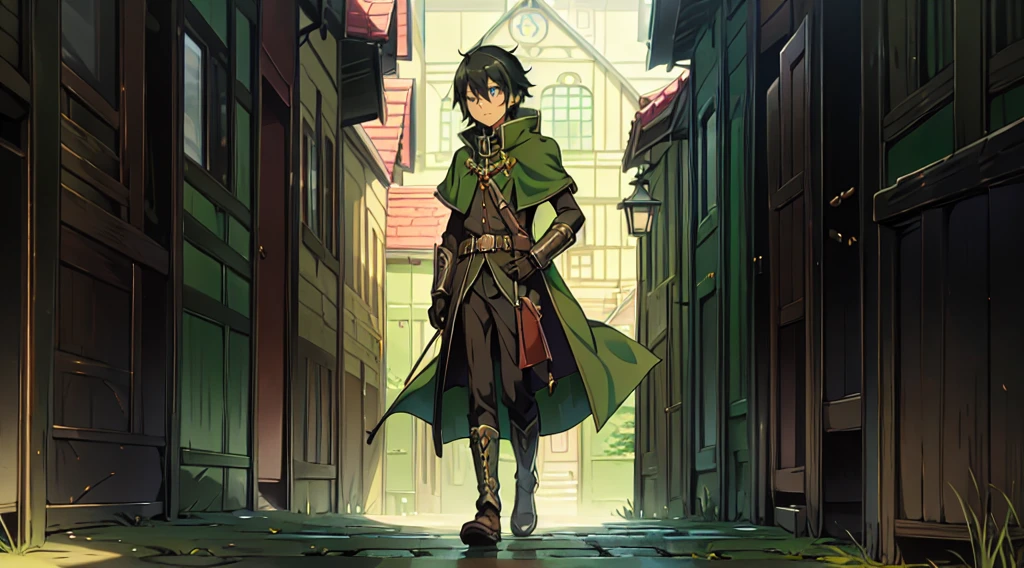 yuichiro hyakuya, (WithoutFear:1), 1 boy, black hair, green eyes, brown coat, gray armor, green shield, green cloak, dark brown gloves, town, white fur trim, tall, anime, standing, good quality, portrait, looking at viewer
