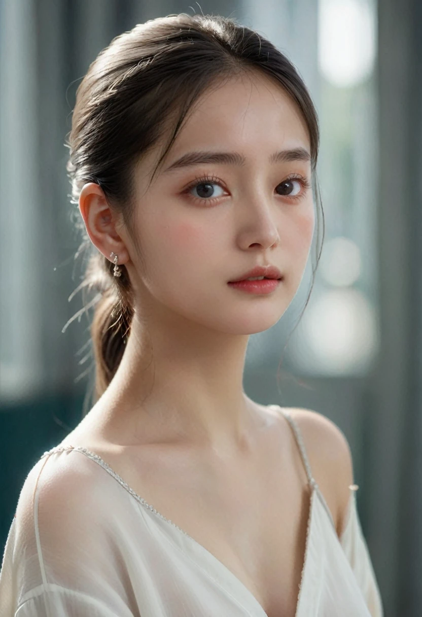 (Highest quality, masterpiece:1.2), Ultra-high resolution, Realistic, Front lighting, Exquisite detail, Exquisite detail and texture, One girl, alone ,(young), Facial highlights, Upper Body, Detailed face, Teardrop Mole, white skin, Silver Hair, ponytail, Braid, View your viewers, Big eyes, silk robe, (Hollow pattern, white, silk), Earrings, Small breasts, The body is slim, Luxurious Room, Professional Lighting, Photon Mapping, Radio City, Physically Based Rendering,