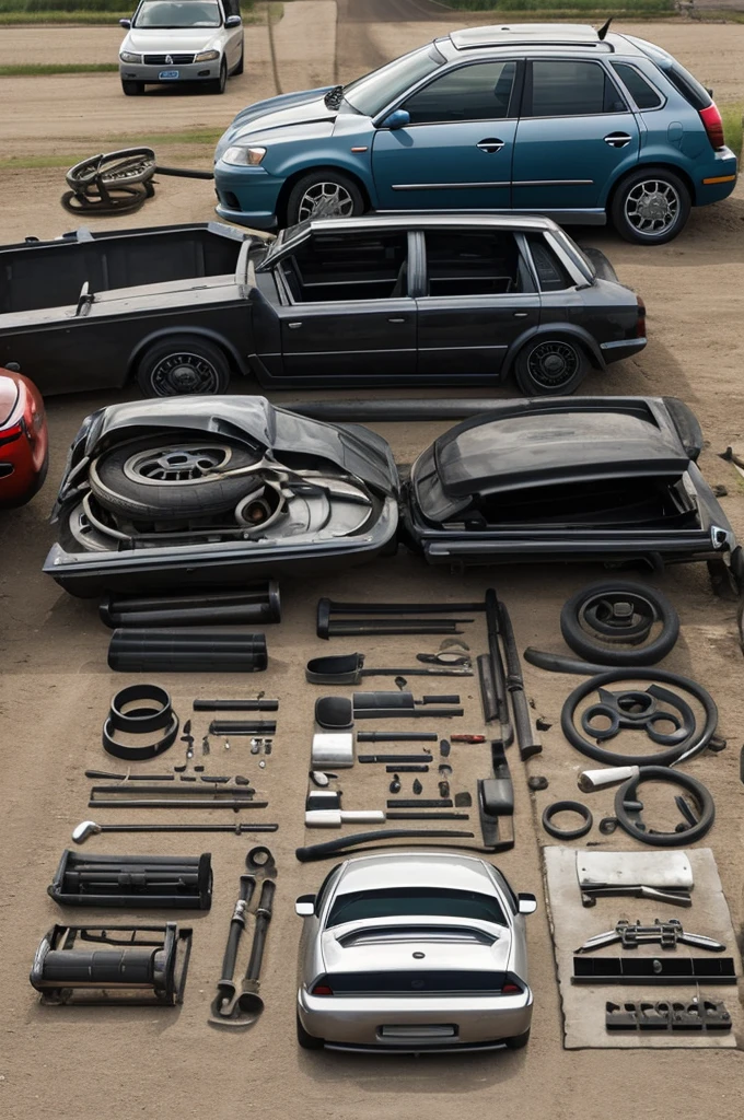 Car with various automotive spare parts