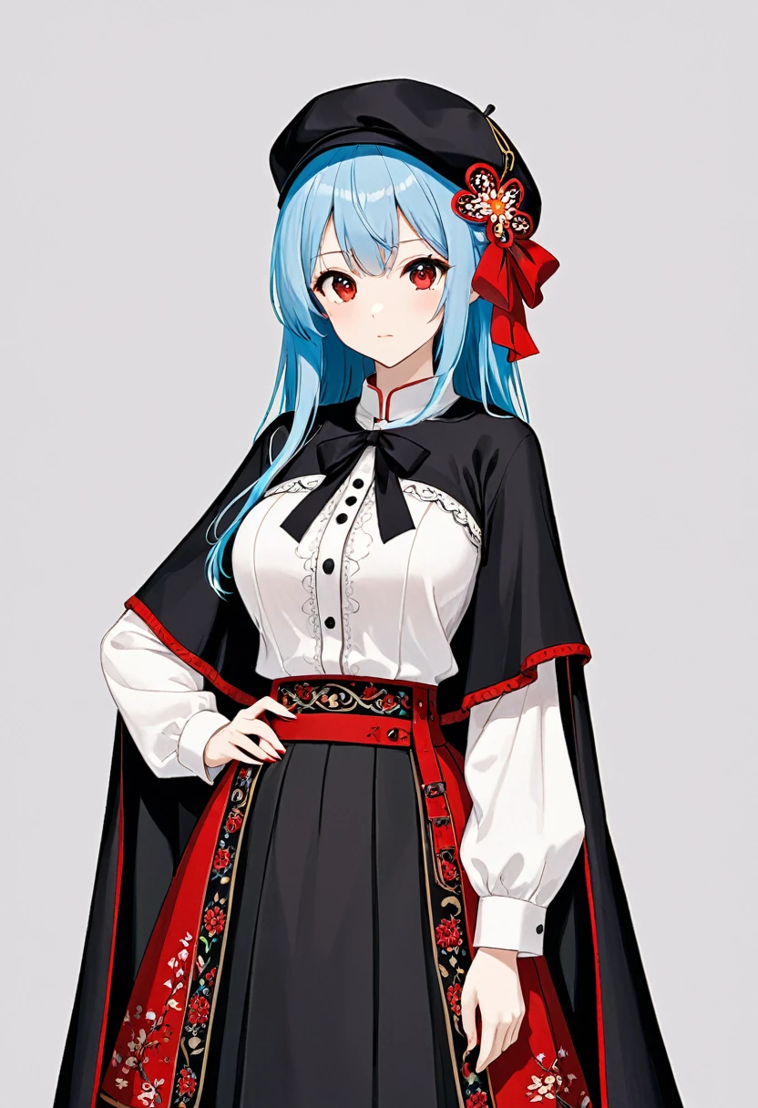 My name is Yukiko.I am a white test woman with long Sky blue hair,red eye color.I am 1.62 cm tall . Dressed in an embroidered linen shirt, a jerkin with a brocade front that adjusts with cord, a linen petticoat decorated with black wool embroidery, a black cloth skirt with red trim at the bottom, a rectangular-shaped linen cap and a black cloth cape. edged with white piping. with breasts measure 200 cm,waist 40 cm and my hips 200