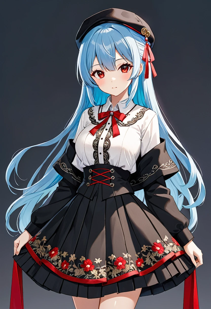 My name is Yukiko.I am a white test woman with long Sky blue hair,red eye color.I am 1.62 cm tall . Dressed in an embroidered linen shirt, a jerkin with a brocade front that adjusts with cord, a linen petticoat decorated with black wool embroidery, a black cloth skirt with red trim at the bottom, a rectangular-shaped linen cap and a black cloth cape. edged with white piping. with breasts measure 200 cm,waist 40 cm and my hips 200