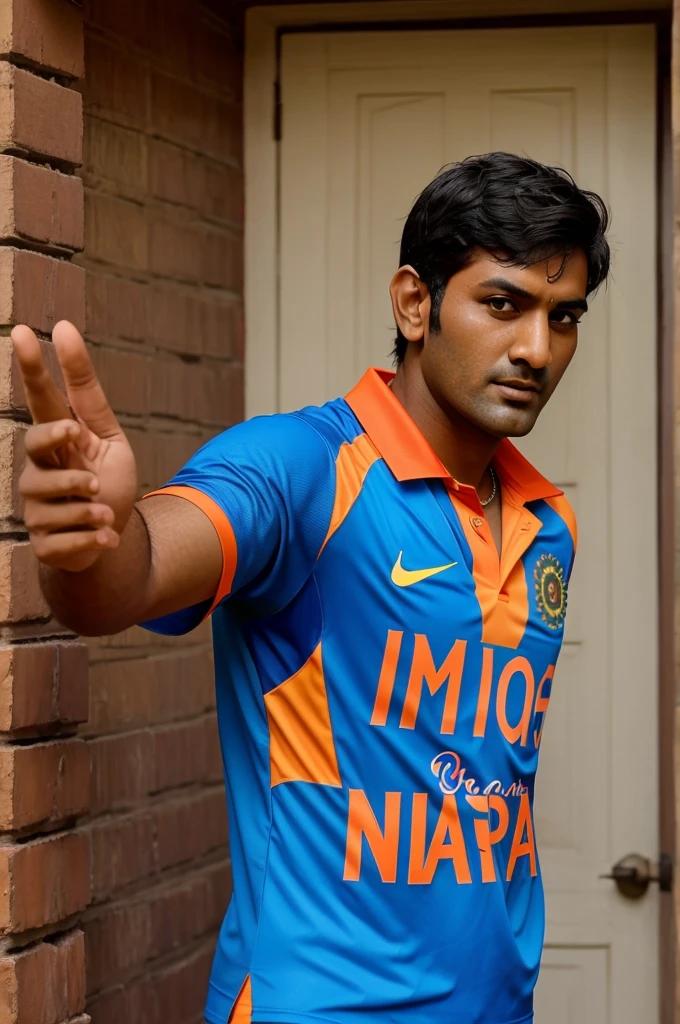 a teanage boy wearing indian cricket team jersey name aardip number 7 showing his back and hand shake with Ms dhoni