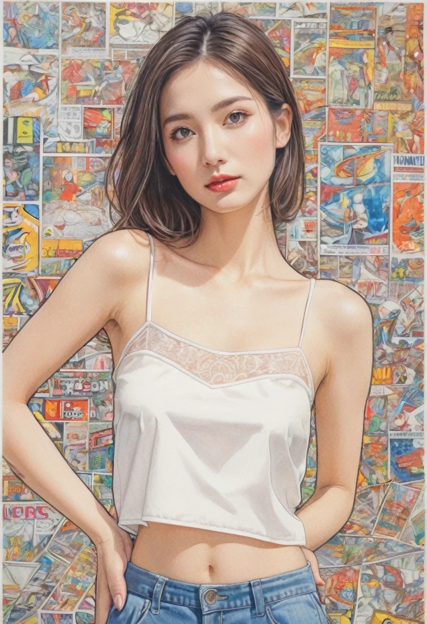  woman，Short camisole，white，art，advertisement，Colored pencil drawing，draft ，Comic Collage，figure