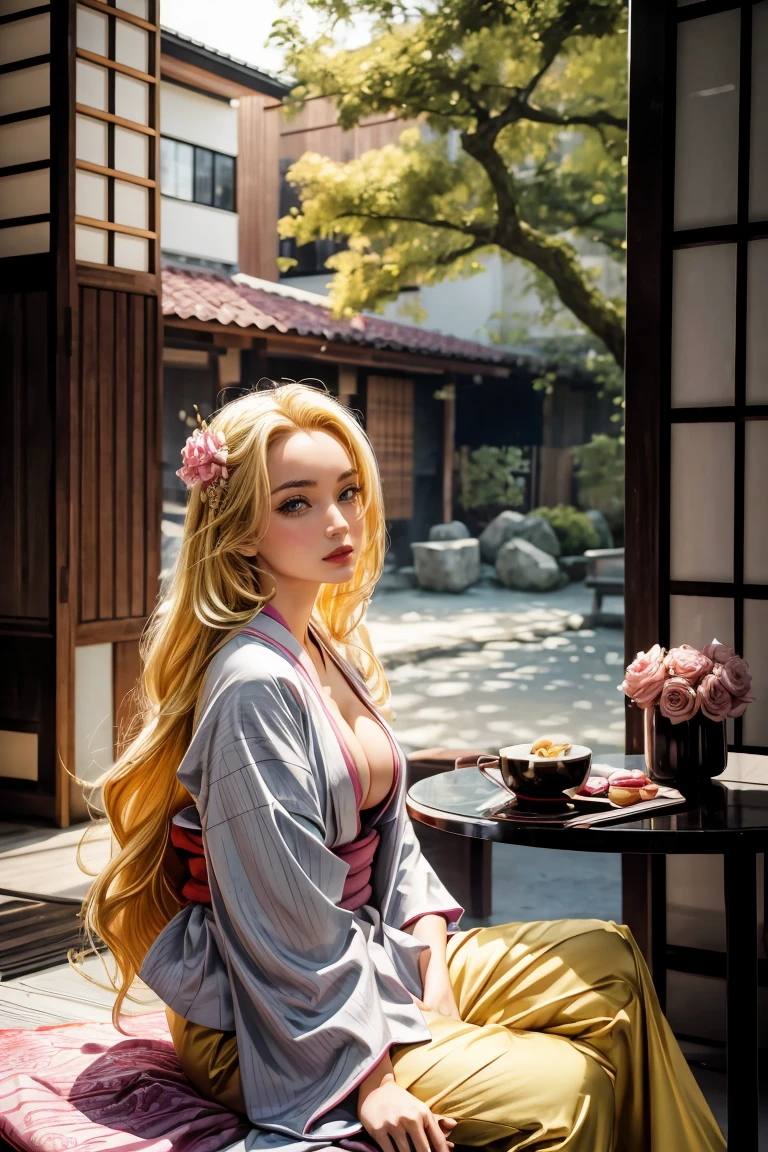 (best quality, masterpiece, absurdres),tsunade,1girl,(long hair,blonde hair,blonde eyes,forehead_marks),pink_lipstick,from front,looking at viewer,medium breasts,kimono,cleavage,pants,sitting on chair