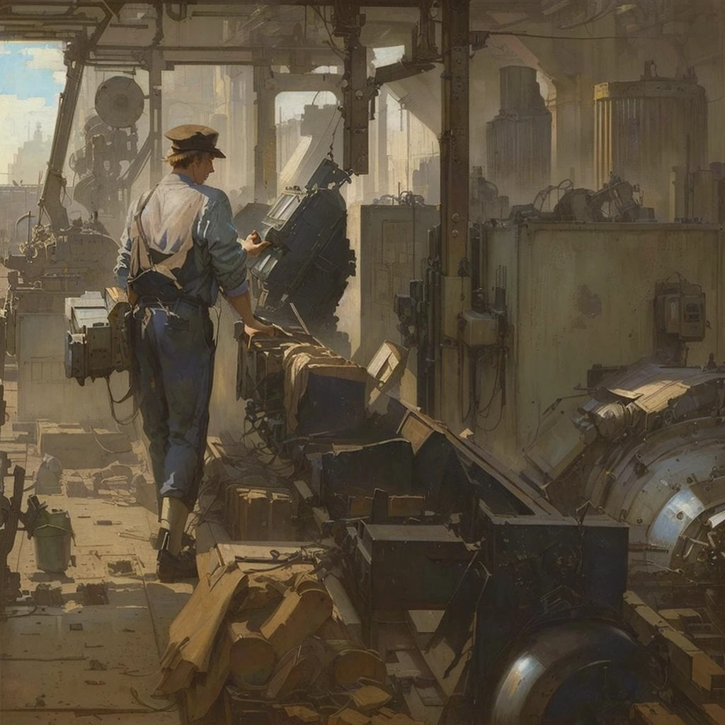 A picture of a man working with machines in a factory, Summer Morning, By Rudolf Schlichter, Marcello Baccialelli, early morning, John Alexander, Hernan Law, Inspired by Józef Pankiewicz, Written by Saul Tepper, Sunday afternoon, By Robert Berenyi, alexey egorov