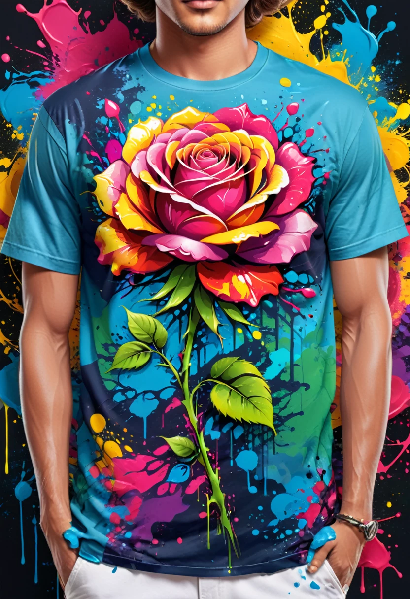 A t-shirt with vector art of a colorful rose illustration, At the center, swirly vibrant colors, paint splashes and smears, high détail,Hawaii Background
(artwork, best quality, proffesional, perfect composition, very aesthetic, absurdrez, super verbose, Intricate details:1.3)