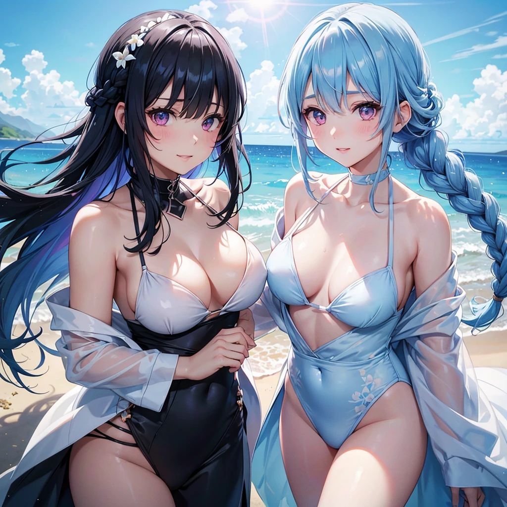 (Sky blue medium hair),(Braided hair tied together)、Pink eyes、Fair skin、(whole body)、(One Girl)、Black Swimsuit、Stylish sunglasses、Shining white sand beach in midsummer、Hawaiian Ocean、A big smile、、(masterpiece、Highest quality、Very detailed、Best Shadow)、(Detailed Background)、(Beautifully detailed face)、High contrast、(Best lighting、Very delicate and beautiful)、((Cinematic Light))、colorful、Hyper Detail、Dramatic Light、Exquisite detail