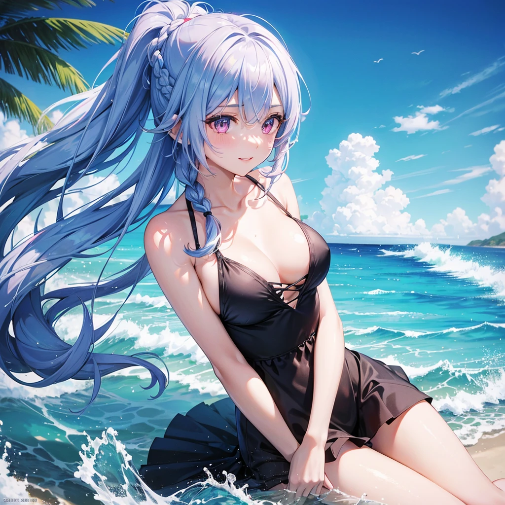 (Sky blue medium hair),(Braided hair tied together)、Pink eyes、Fair skin、(whole body)、(One Girl)、Black Swimsuit、Stylish sunglasses、Shining white sand beach in midsummer、Hawaiian Ocean、A big smile、、(masterpiece、Highest quality、Very detailed、Best Shadow)、(Detailed Background)、(Beautifully detailed face)、High contrast、(Best lighting、Very delicate and beautiful)、((Cinematic Light))、colorful、Hyper Detail、Dramatic Light、Exquisite detail