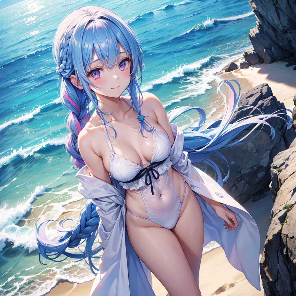 (Sky blue medium hair),(Braided hair tied together)、Pink eyes、Fair skin、(whole body)、(One Girl)、Black Swimsuit、Stylish sunglasses、Shining white sand beach in midsummer、Hawaiian Ocean、A big smile、、(masterpiece、Highest quality、Very detailed、Best Shadow)、(Detailed Background)、(Beautifully detailed face)、High contrast、(Best lighting、Very delicate and beautiful)、((Cinematic Light))、colorful、Hyper Detail、Dramatic Light、Exquisite detail