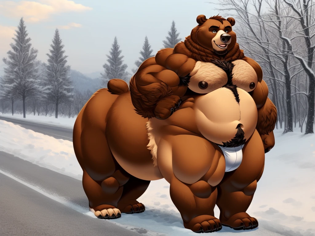 furry, fur taur, beartaur, middle-age, solo, detailed face, bear ears, bear eyes(brown), bear nose(black), bear mouth, garibaldi beard(white), mature hair(white), detailed arms, thick arms, muscular, thick hands(5 fingers), detailed body belly, thick body, muscle belly(white), thick chest, chest hair(black), detailed taur body, thick taur body, thick bear paws, thick bear tail, full body shot, winter, snow, standing on the road