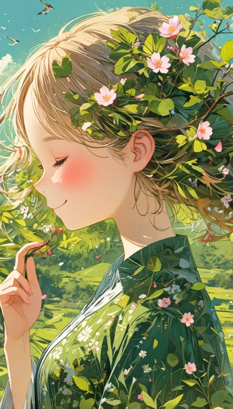 Leaf hair girl、front、Open your armasterpiece、Highest quality、smile、Cherry blossom petals