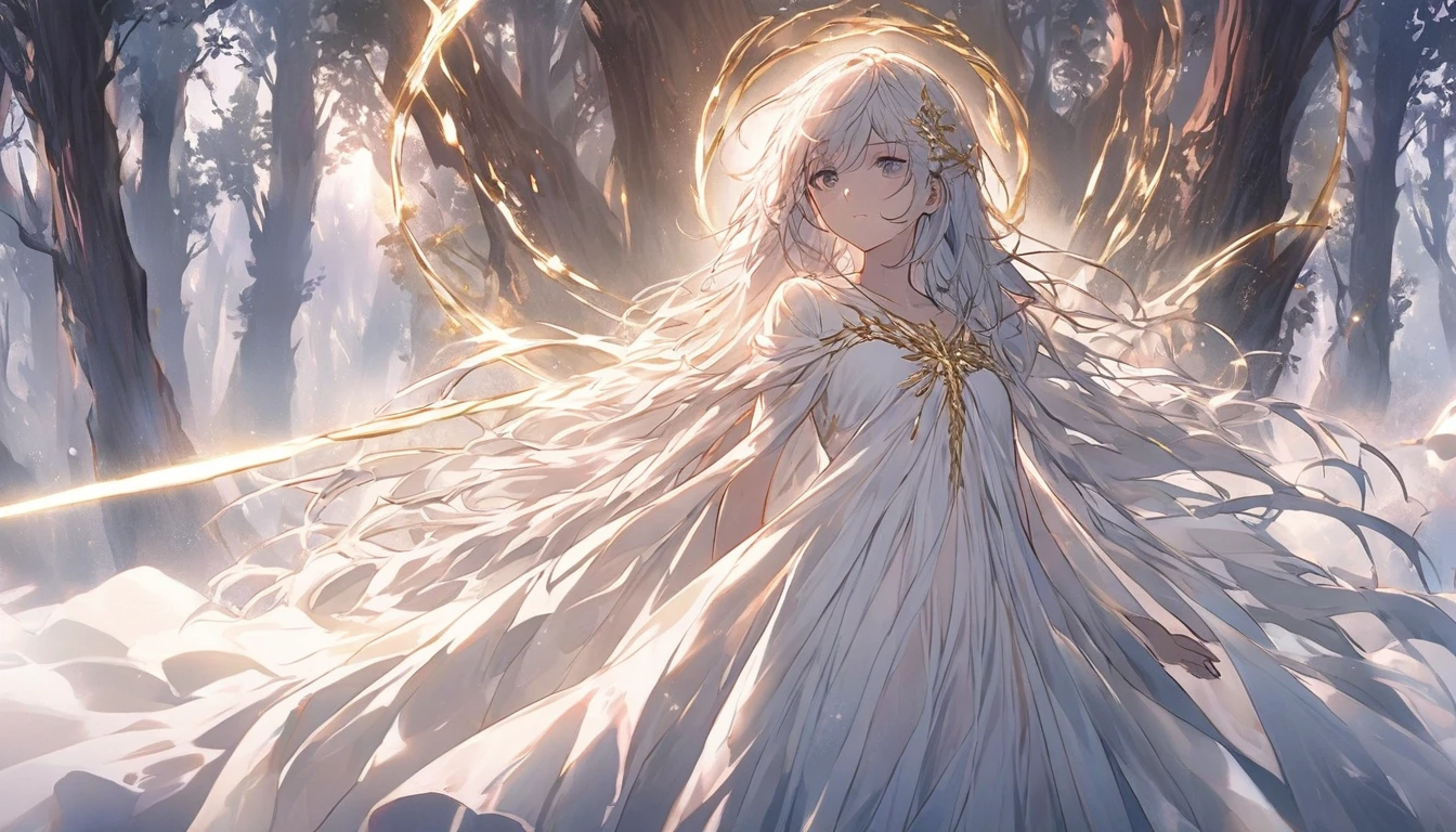 An anime girl standing alone in a dimly lit forest at dawn, with the first light of morning filtering through the trees. She has a determined expression on her face, symbolizing her resolve to break free from the deceit and lies. The forest is shrouded in mist, with shadows receding as the light breaks through, symbolizing the unveiling of truth. Around her, the remnants of a fantasy world are fading away, represented by ethereal, fading illusions. The background features tall trees and a narrow path leading forward, symbolizing her journey towards new beginnings. The atmosphere is filled with a sense of liberation and empowerment, with soft, natural lighting enhancing her resolve and the emotional transition from darkness to hope.
