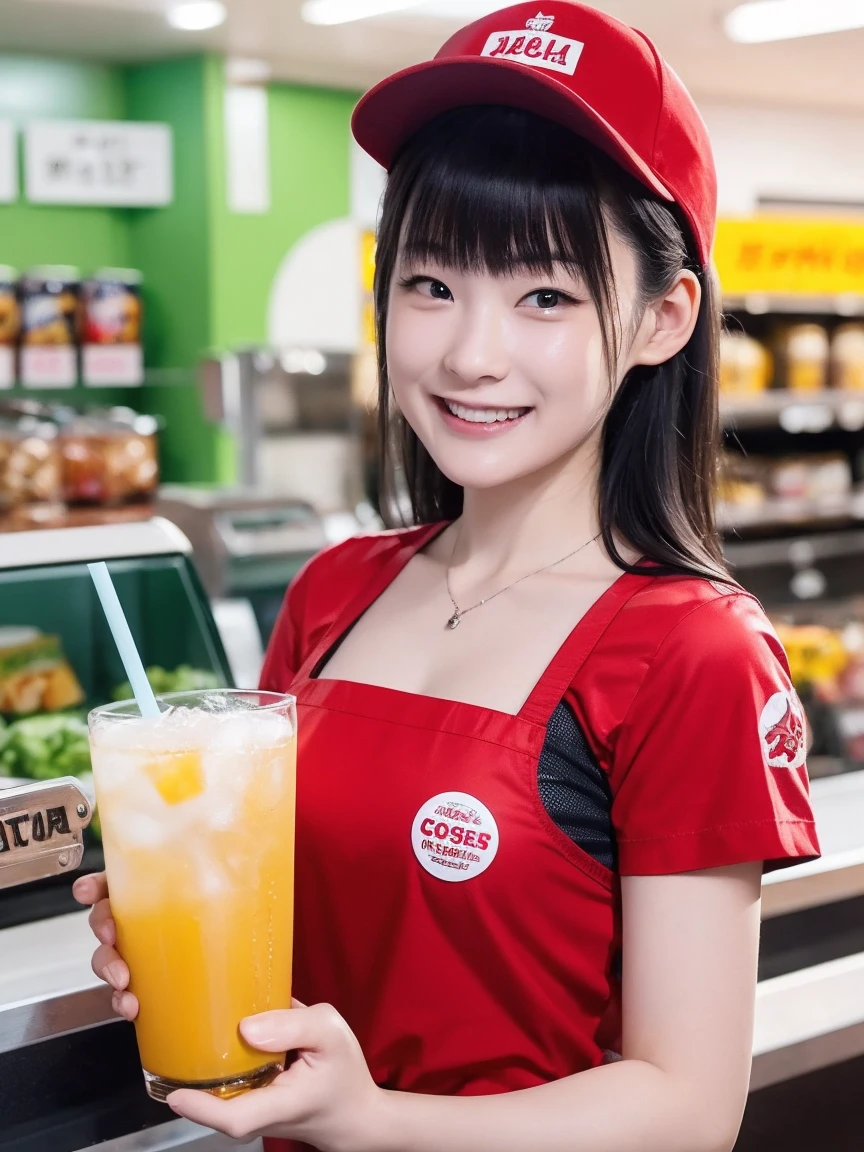 (Ultra-high resolution), (masterpiece), (Attention to detail), (high quality), (最high quality), ((Upper Body Shot)) , One Girl, Generate an image of a female employee working in a bright and clean fast food restaurant。she、Red uniform shirt, cap, Name tag, wearing an apron。In the background of the store、counter, cash register, Menu Board, There is a drink dispenser、Serve customers with a smile。