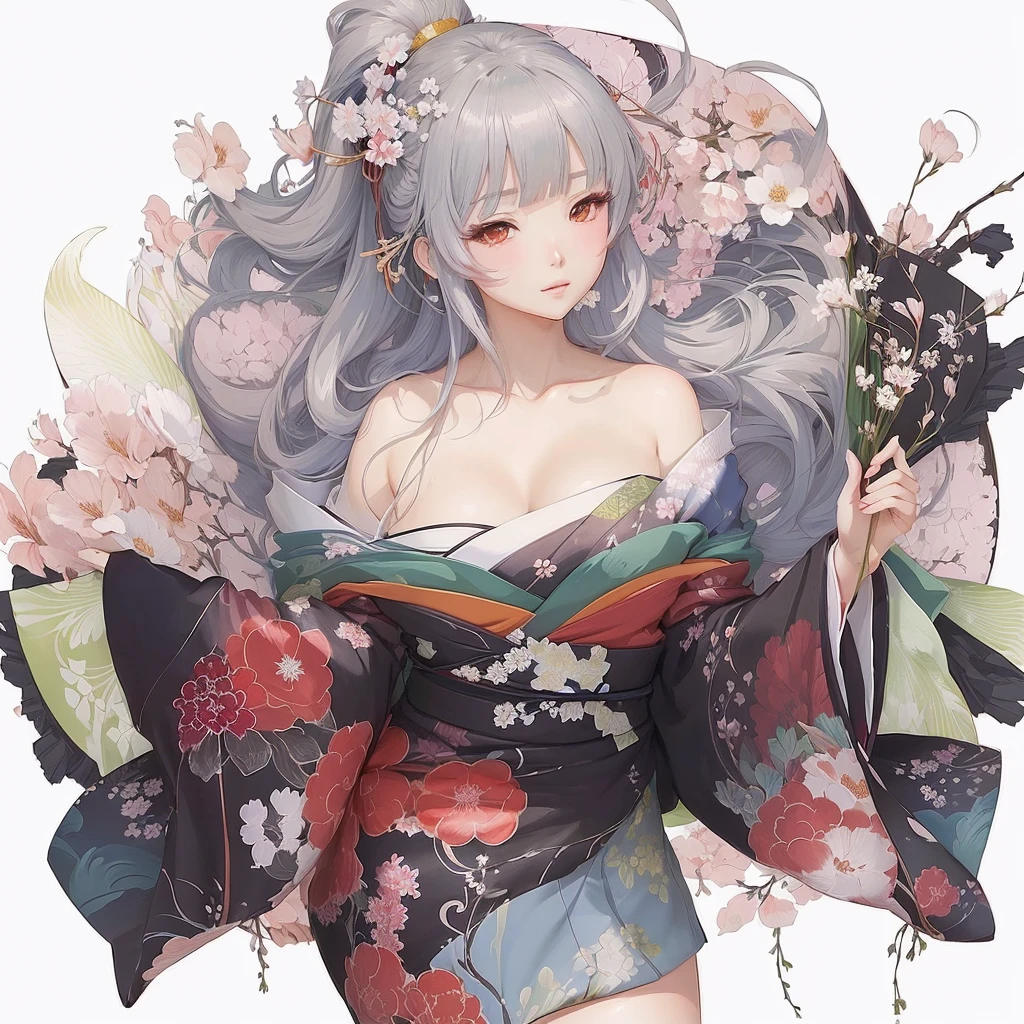 anime - style illustration of a woman In kimono outfit with a bunch of flowers, In kimono, Gwaiz, Pixiv, Gwaiz on Pixiv artstation, In kimono, Enchanting anime girl, top rated on Pixiv, Beautiful anime art, digital art on Pixiv, Gwaiz on artstation Pixiv, shikishi