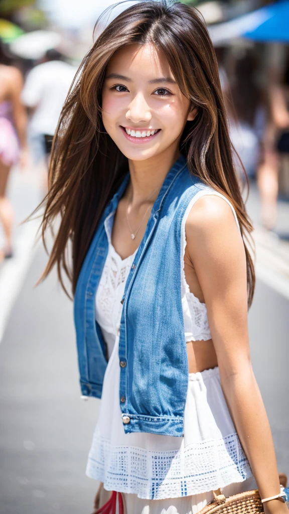 Highest quality, 8K, Very delicate and beautiful, On the beach,Highly detailed face and skin texture, High resolution, Dressed in stylish summer clothes、A sexy long-haired Japanese girl with tanned skin is standing in the street and smiling, whole body, Sharp focus,Random Face,Random Posing,20-year-old female,