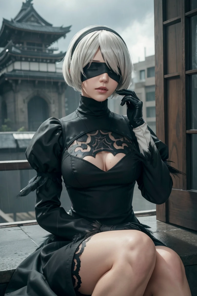 2B Nier Automata,Bobcut, Gray Hair,Long sleeve, Juliet Sleeve, White gloves, turtleneck, bangs, Feather ornament, Feather ornament sleeves, Blindfold, Black Goth Dress,Japanese Ultra HD,super high quality,masterpiece,Digital SLR,Photorealistic,Detailed details,Vivid details,Depicted in detail,A detailed face,Detailed details,Super Detail,Realistic skin texture,Anatomical basis,Perfect Anatomy,Anatomically correct hand,Anatomically correct fingers,Complex 3D rendering,Sexy pose,Rainy Sky,Beautiful scenery,Fantastic rainy sky,Picturesque,Pink Lips,