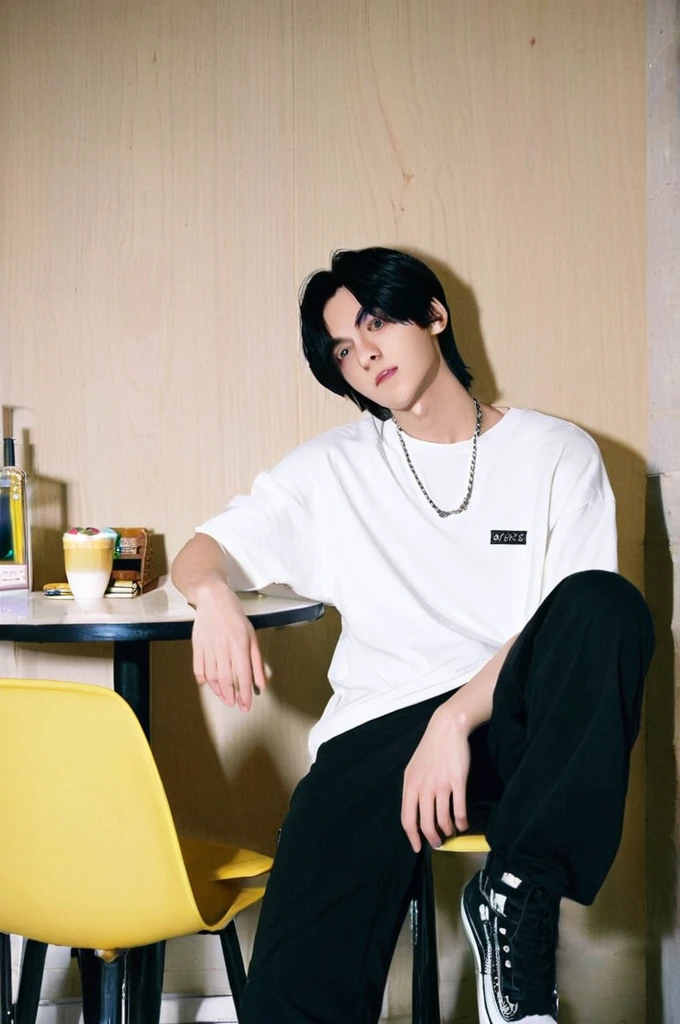 One boy、Young man with black hair(Mash Straight)((Long Hair)),With nape、Long enough to cover the earale K-Pop Idols、Levi Ackerman、Medium portrait、chop、Beautiful Model、Oval Face、Vivid、Cafe、(In a dark room)、The whole body is shown、((Full body photo))