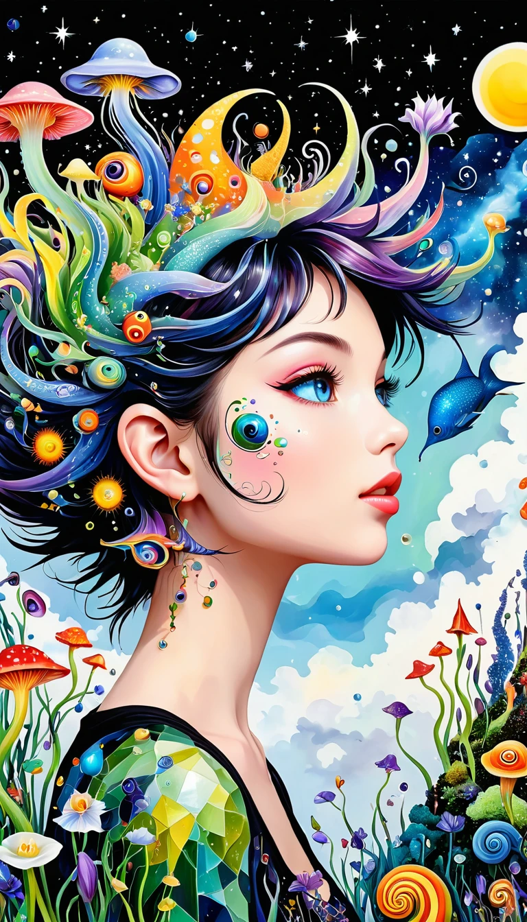Three-dimensional painting。Elf。Profile,Look up at the sky,Spiky hair,Artists from the stars,Colorful black,A world of color,Dopamine,mouth,A cloud、snails、iris、fish、Tentacles、bird、Eye、diatom,Abstract mosaic painting,Describing the inner world of autism,Sense of space,White Space,interesting,Innocence,Psychedelic Art,Black overall