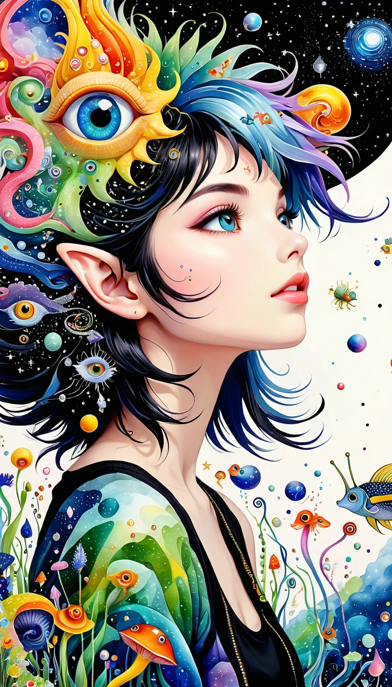 Three-dimensional painting。The elf looking up at the sky,,Artists from the stars,Colorful black,A world of color,Dopamine,mouth,A cloud、snails、iris、fish、Tentacles、bird、Eye、diatom,Abstract mosaic painting,Describing the inner world of autism,Sense of space,White Space,interesting,Innocence,Psychedelic Art,Black overall