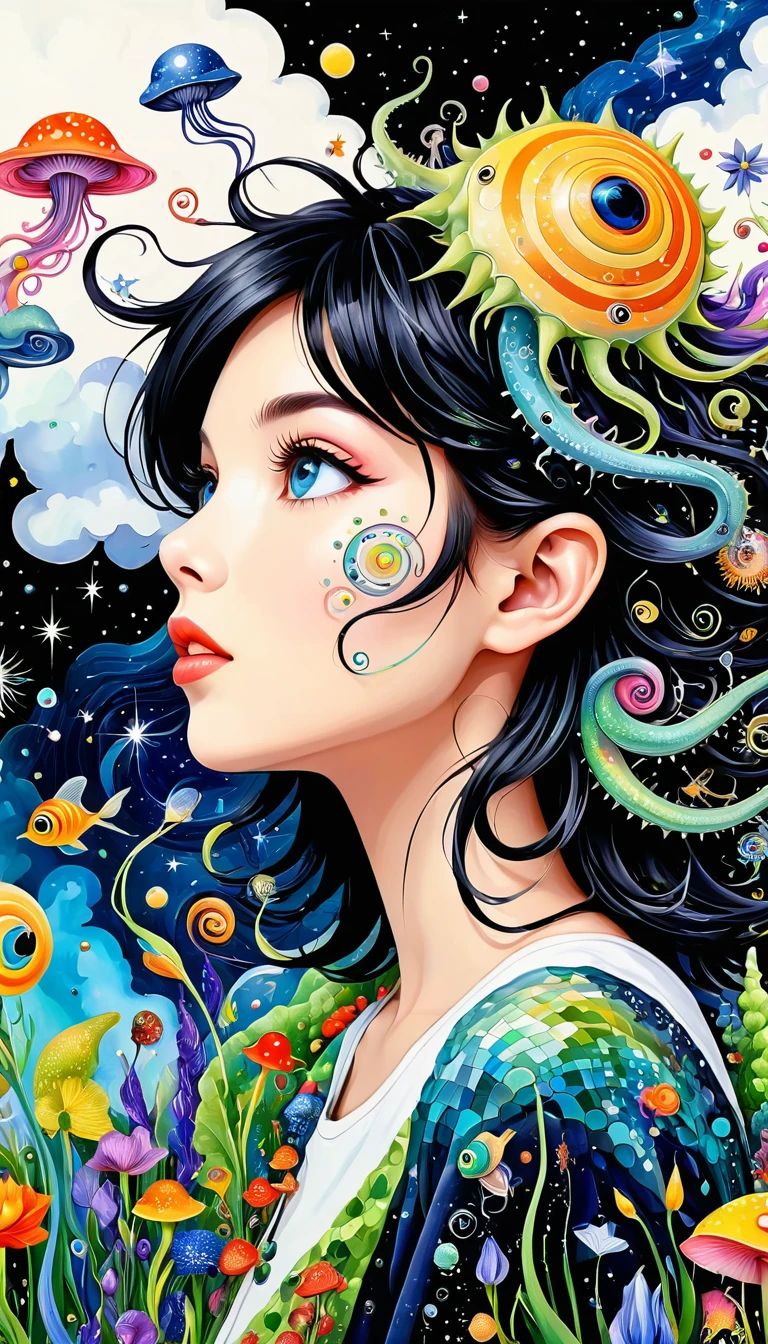 Three-dimensional painting。Elf。Profile,Look up at the sky,Spiky hair,Artists from the stars,Colorful black,A world of color,Dopamine,mouth,A cloud、snails、iris、fish、Tentacles、bird、Eye、diatom,Abstract mosaic painting,Describing the inner world of autism,Sense of space,White Space,interesting,Innocence,Psychedelic Art,Black overall