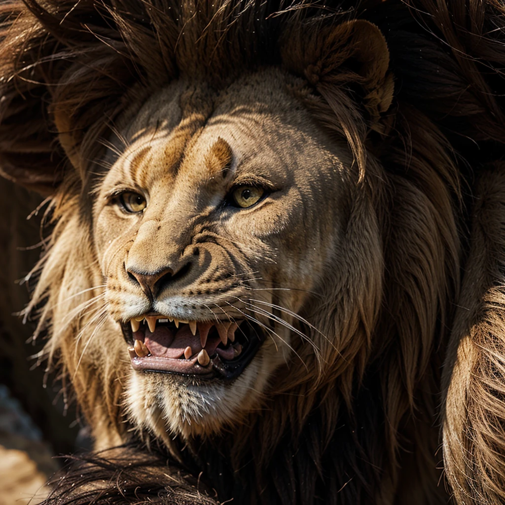Monstrous lion roaring at a  while watching him