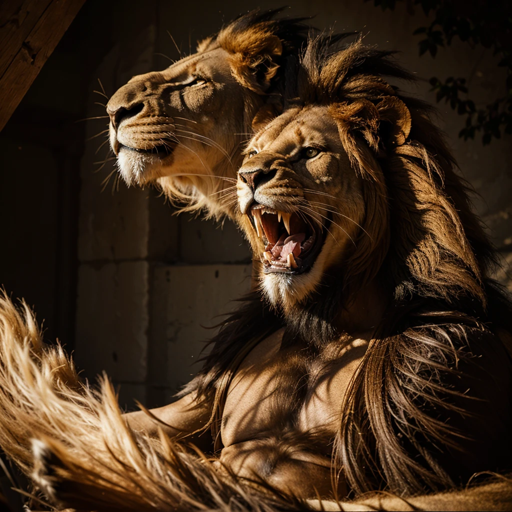 Monstrous lion roaring at a while watching him