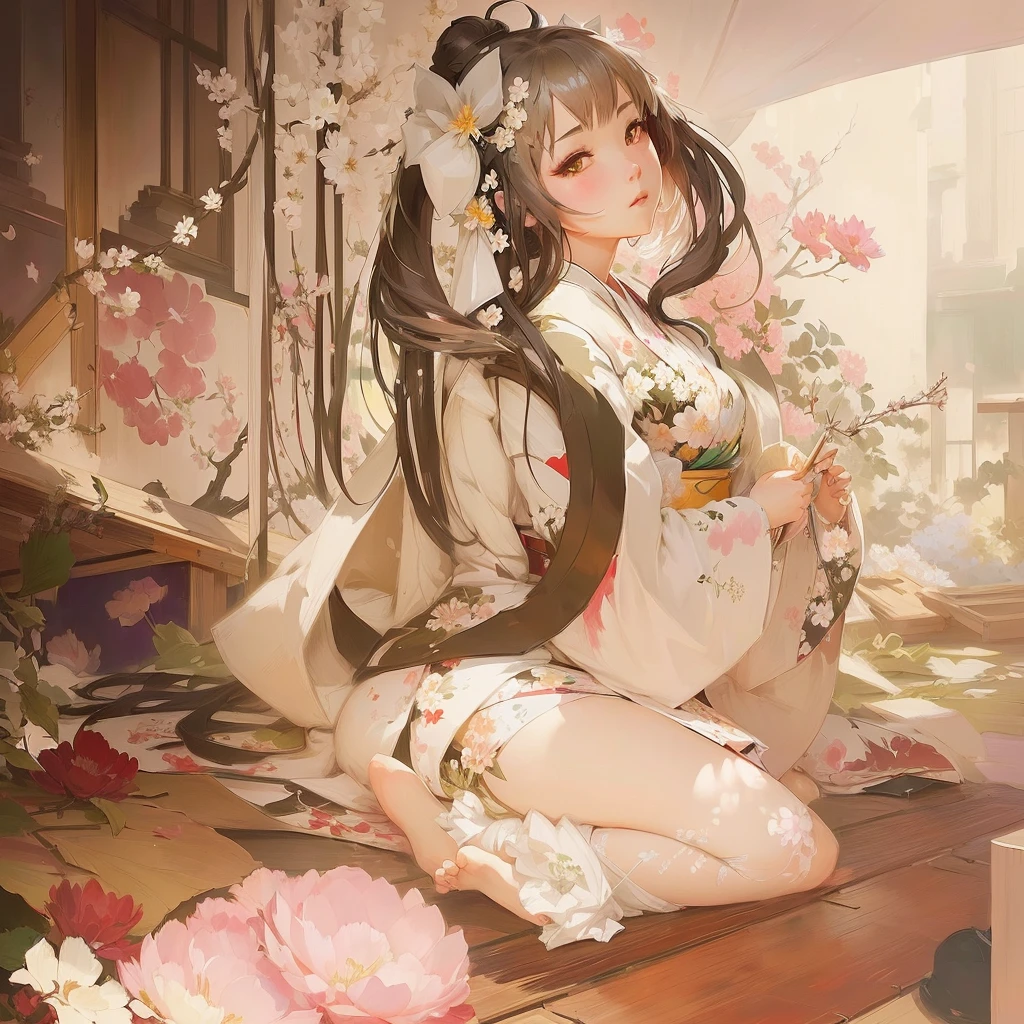 Anime girl in kimono costume sitting on floor with flowers, Zerochan Art, digital art on Pixiv, guweiz on Pixiv artstation, Pixiv contest winner, Pixiv, Painted in an anime artist's studio, guweiz on artstation Pixiv, at Pixiv, By Ren, Pixiv 3dcg, top rated on Pixiv
