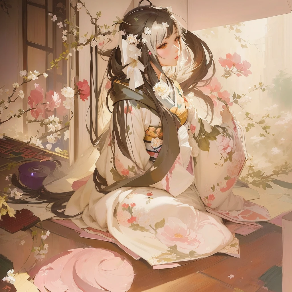 Anime girl in kimono costume sitting on floor with flowers, Zerochan Art, digital art on Pixiv, guweiz on Pixiv artstation, Pixiv contest winner, Pixiv, Painted in an anime artist&#39;s studio, guweiz on artstation Pixiv, at Pixiv, By Ren, Pixiv 3dcg, top rated on Pixiv