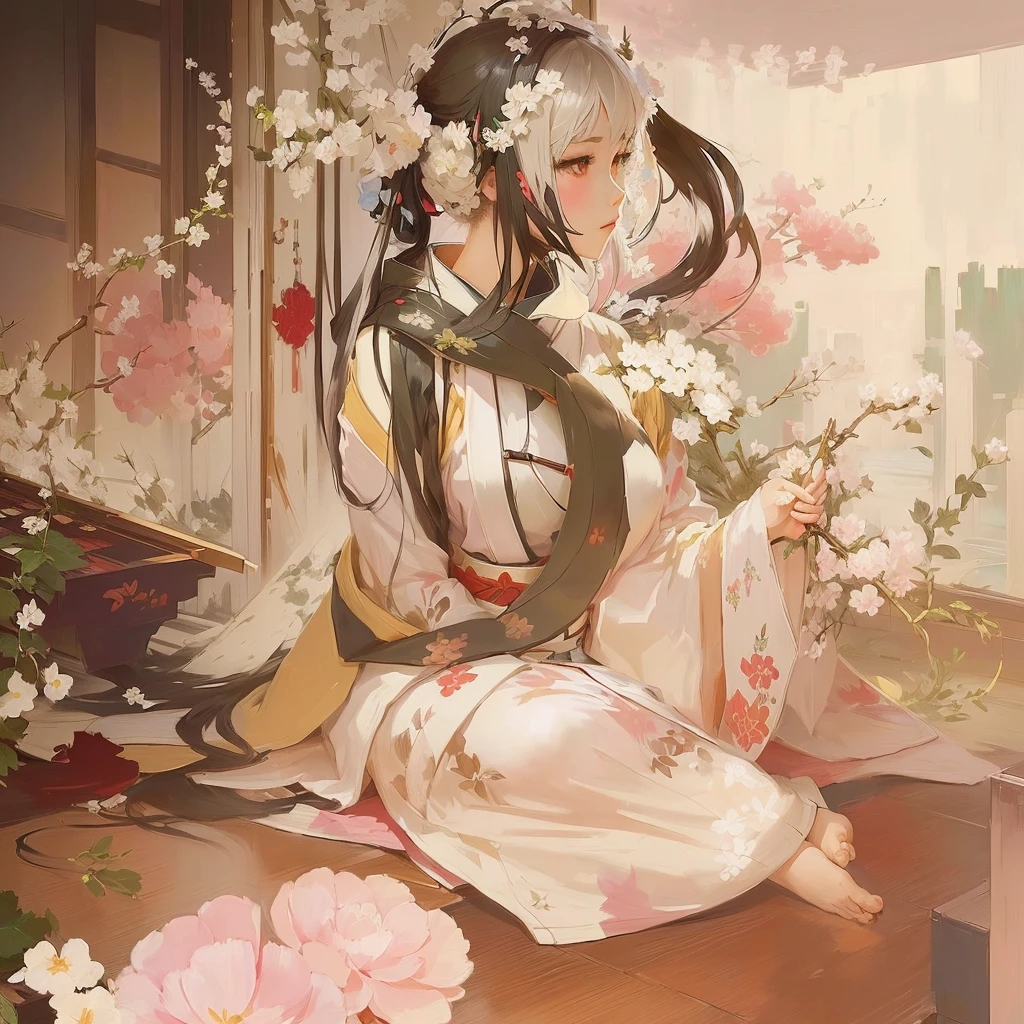 Anime girl in kimono costume sitting on floor with flowers, Zerochan Art, digital art on Pixiv, guweiz on Pixiv artstation, Pixiv contest winner, Pixiv, Painted in an anime artist's studio, guweiz on artstation Pixiv, at Pixiv, By Ren, Pixiv 3dcg, top rated on Pixiv