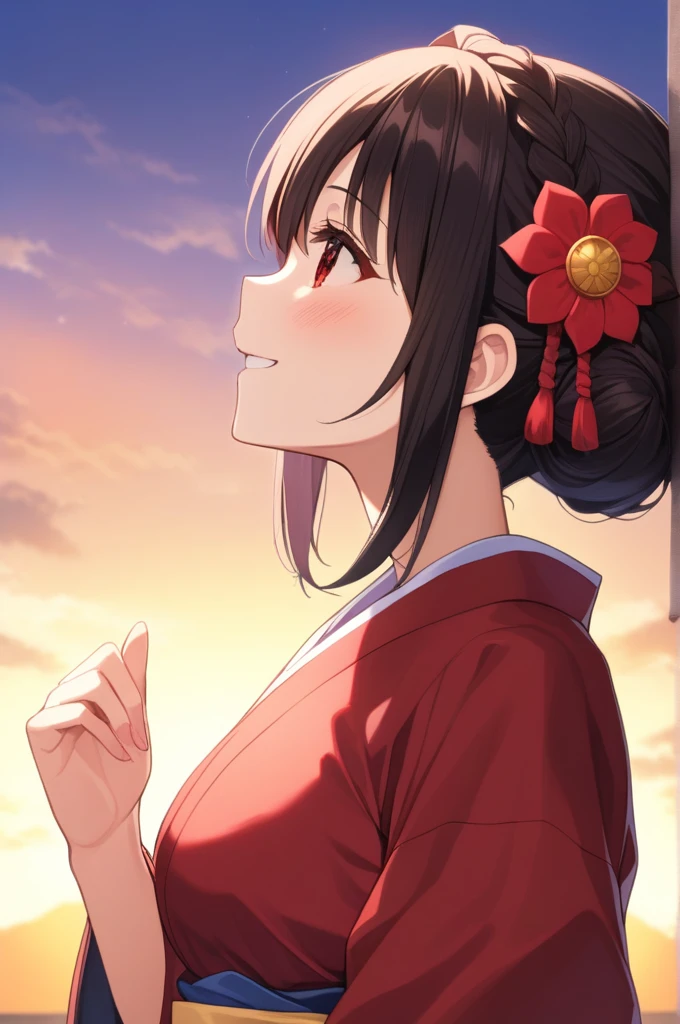 alone, One girl、Crown braids in the same color as your hair, hair ornaments, Hair Ribbon,(A light blue kimono with a red floral pattern and a red obi.)、Red Eyes、Black Hair、(blush:1.6)、(Profile of a smiling face with his mouth open:1.6)、Larger breasts、(The background is fireworks)、(Side view)、Looking up