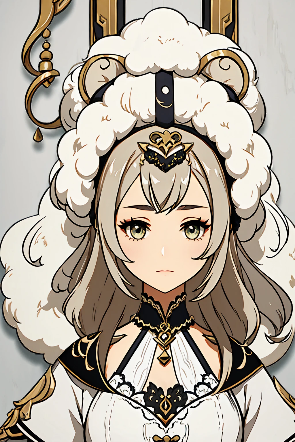 1 girl, sheep, patterns on outfit, accessories, hair accessories, cute, drill hair,