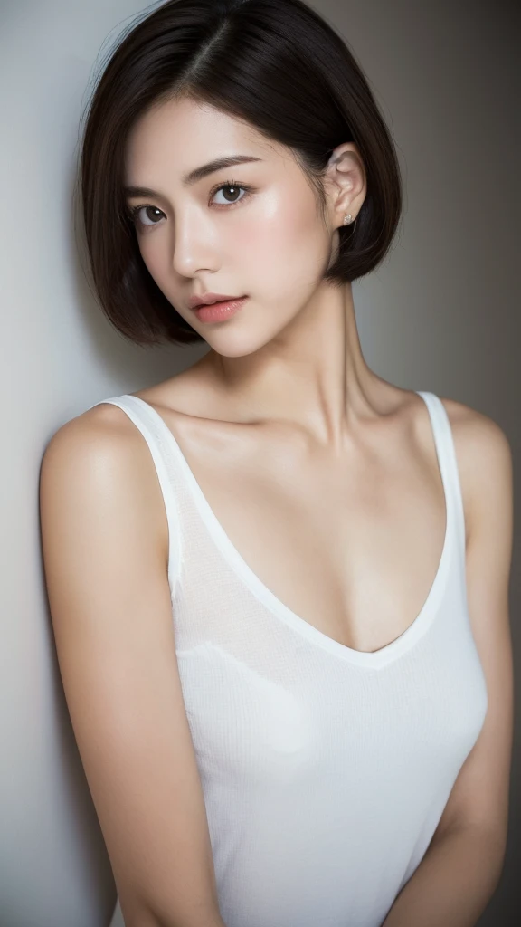 (real, High resolution:1.3), short hair, A cross-dressing man wearing a plain white T-shirt、Dark Room、Collarbone and hands are muscular、the skin is dark、Dark eyebrows、Dim lighting、The shoulders are wide、Don't blur the background