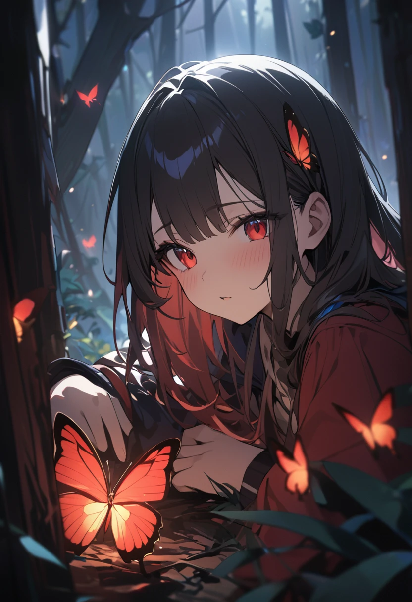 Red fiery butterfly、18 year old girl、In the dark forest、Watching the butterfly、masterpiece、Highest quality、RAW、8k,4k、Clear focus、Cinema Lighting
