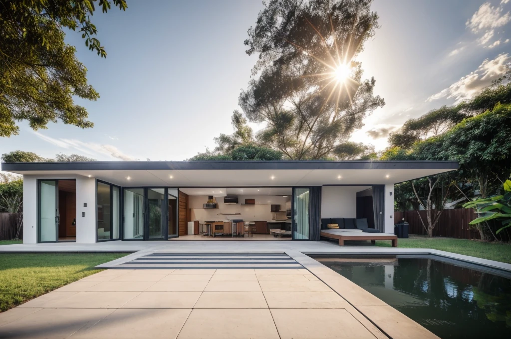 Modern small house located in the lotus pond in Vietnam, minimalist, gray and wooden concrete walls, facing the lotus pond, many lotus flowers are blooming, around the house is water with a path to the house, corona rendering, 3ds max, wide view, sunny sky, afternoon environment, Sunshine Cinema, Natural Light, RAW photo, 8k uhd, dslr, soft lighting, high quality, film grain, Fujifilm XT3