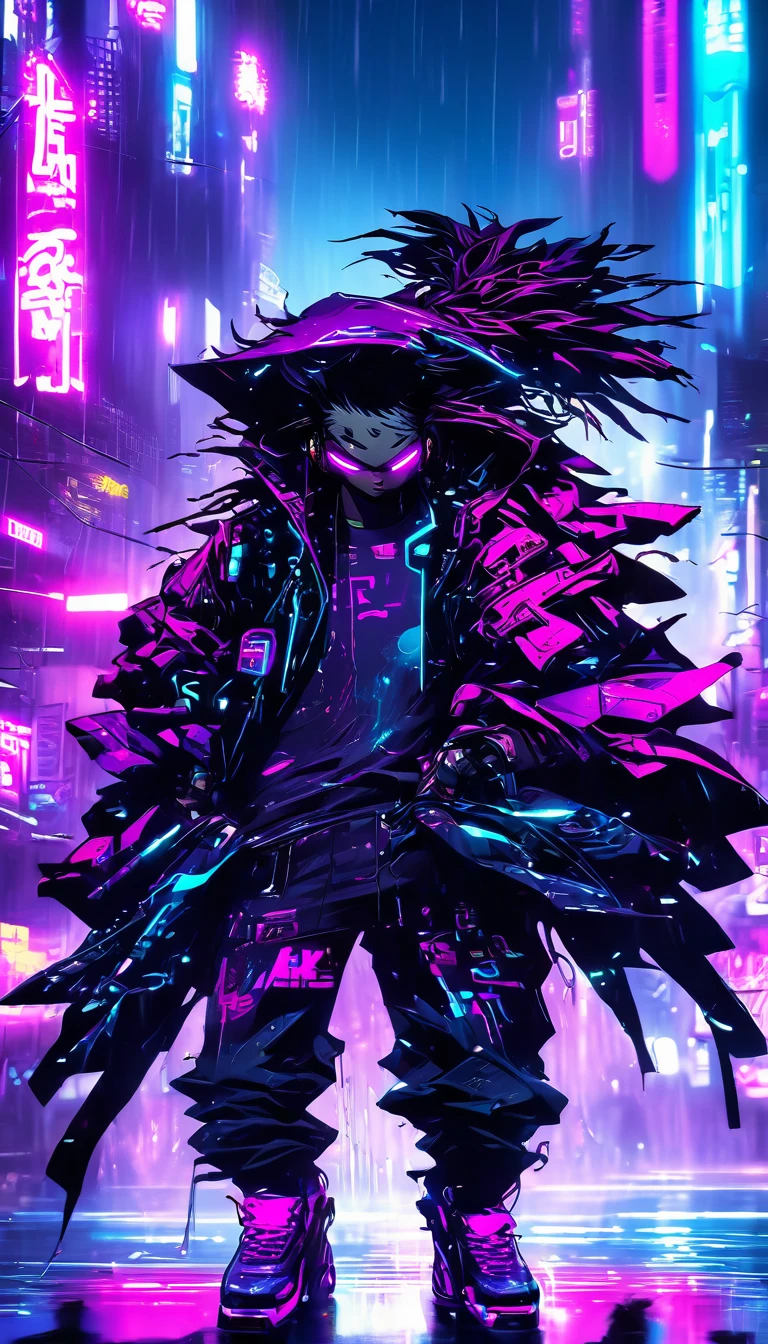 (Masterpiece, Best Quality, high resolution, 32k drive wallpaper, Extremely detailed CG:1), (weak illustration on stage:1.0), ((1 young handsome cyberpunk:1.5 dancing in the rain:1.7 )),(( cyberpunk night city:1.4)), neon signs futuristic cars,dark place rain, ((wet clothes magenta neon lights perfectly illuminating the young man:1.45) . 32k